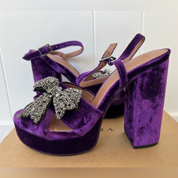 Zara Purple Velvet Crystal Bow Embellished Platform Heels Size 8
